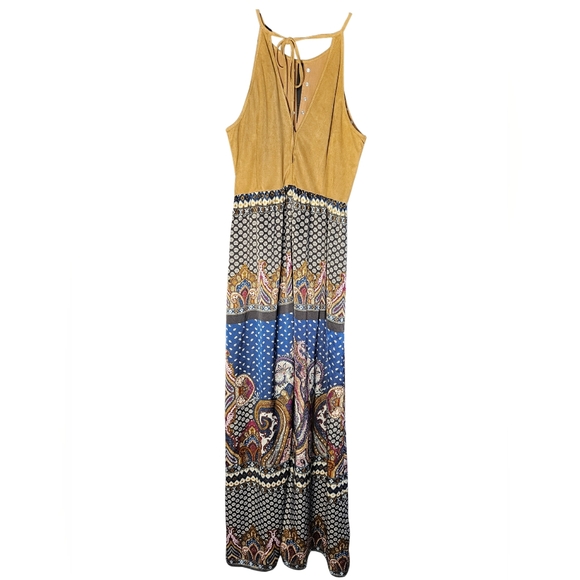 Lulumari Boho Maxi Dress with Suede Upper Empire Waist Halter Neck Size L - Picture 2 of 9